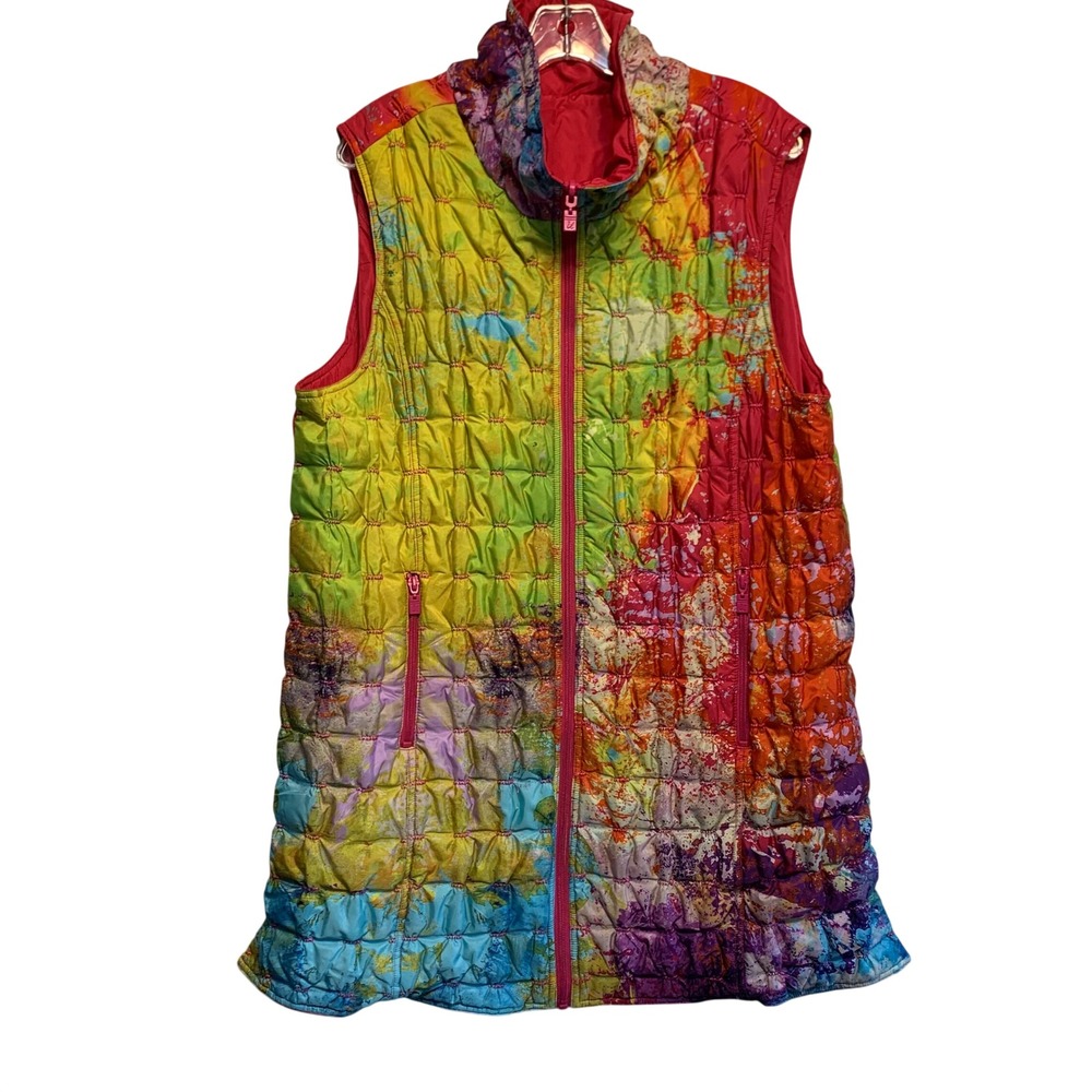 UbU Puffer Vest 1X Multi-Color Paint Splatter Abstract Quilted Zip Up Colorful